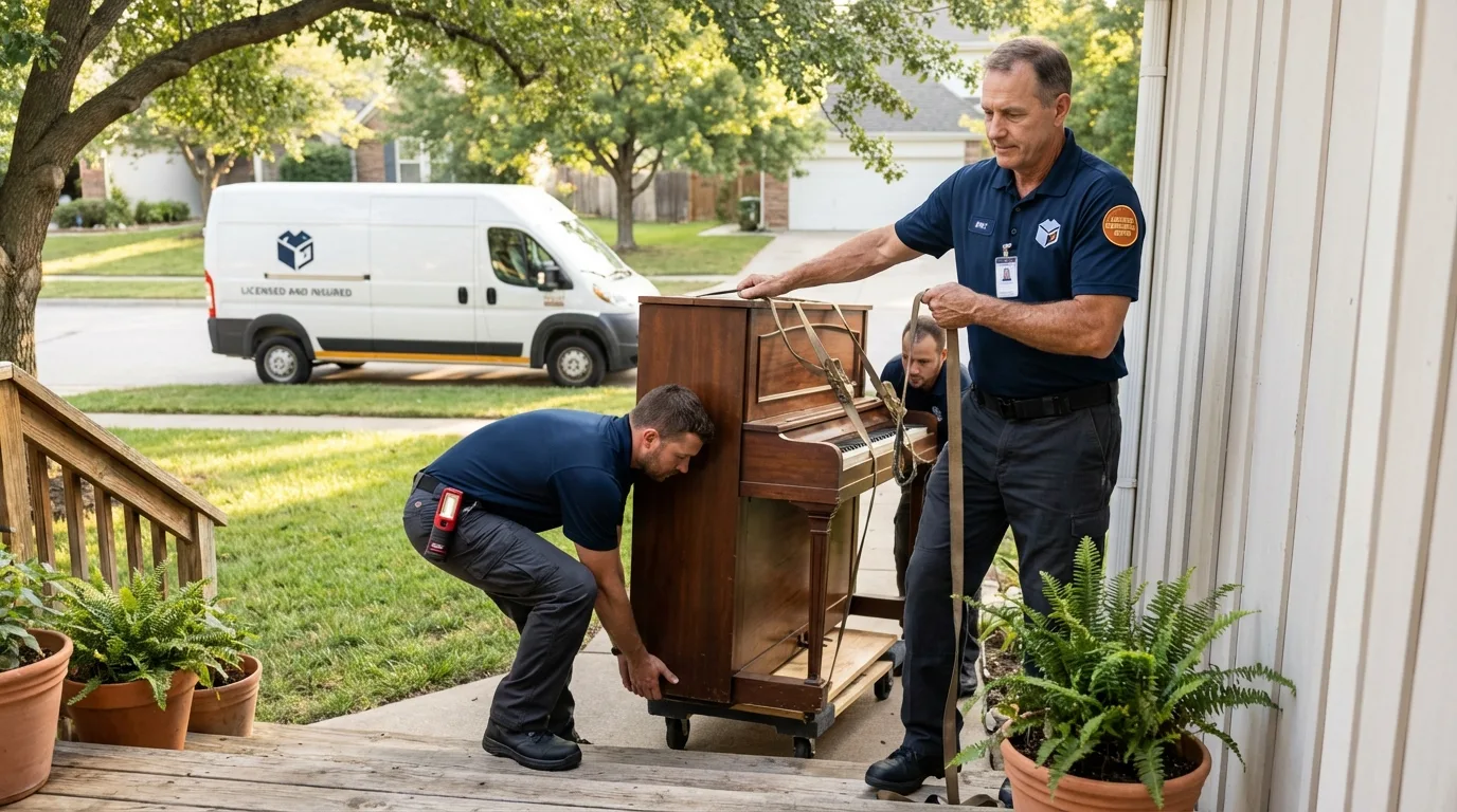 Licensed piano movers securing grand piano in Blaine, TN