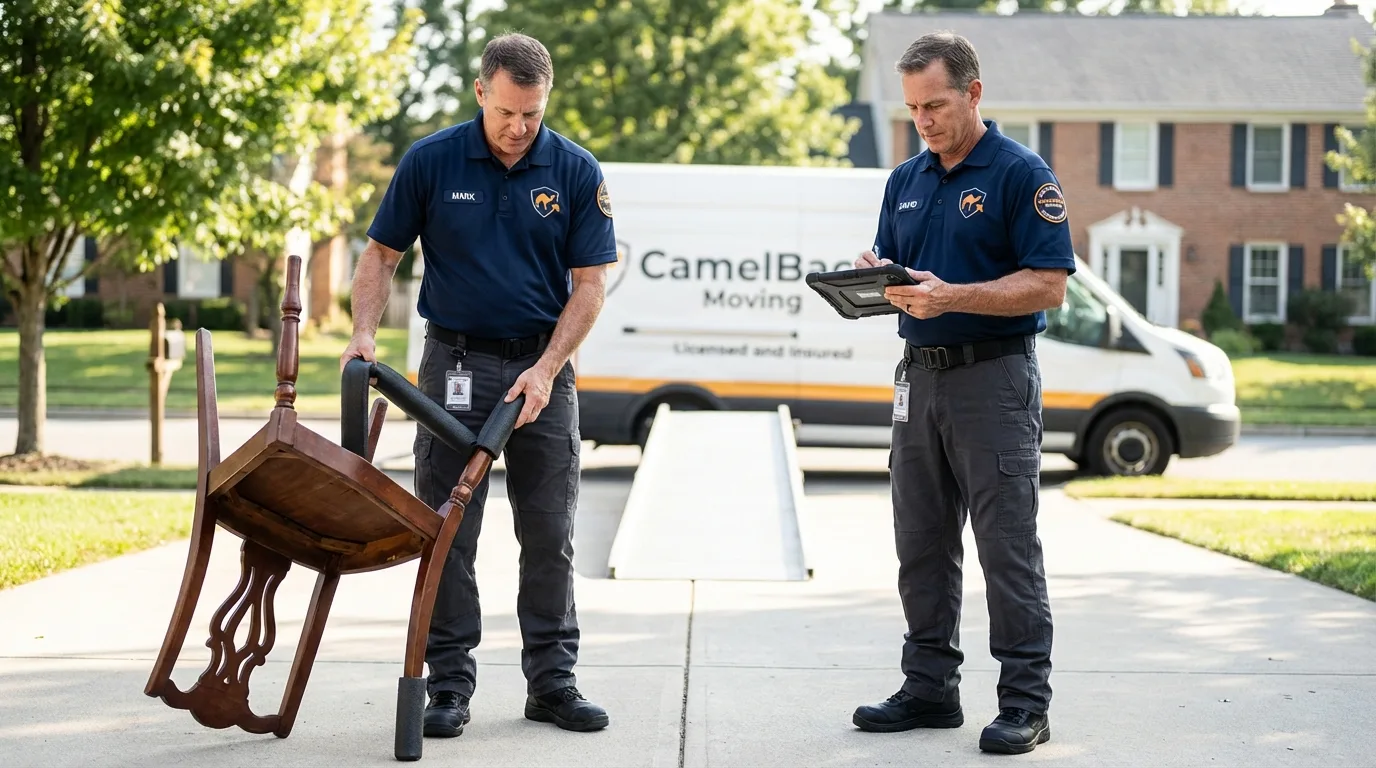 Movers inspecting furniture for damage prevention before loading in Blaine, TN