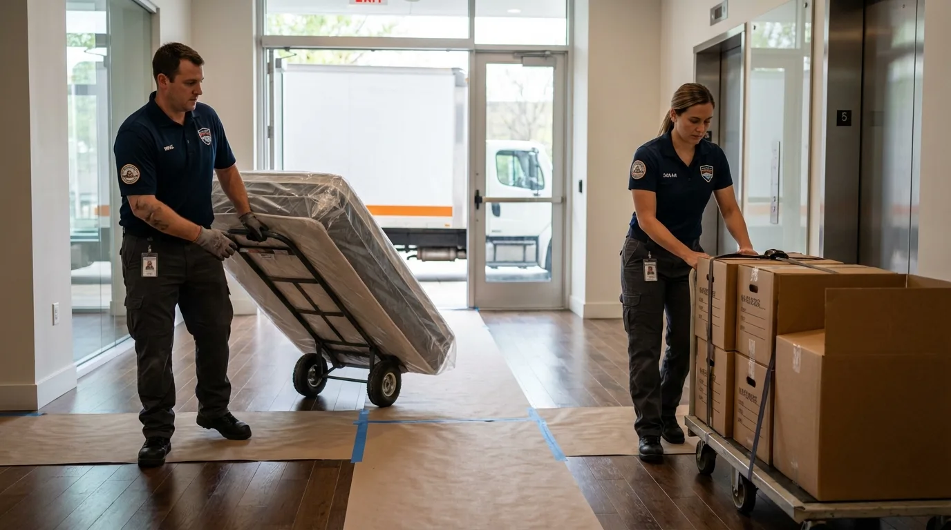 Professional apartment movers loading elevator in Blaine, TN